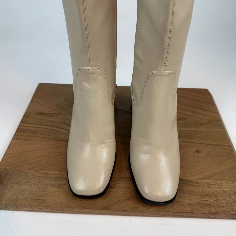 New Womens Open Edit Briar Cream Faux Leather Over The Knee Heeled Boots Size 9‎